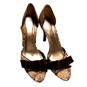 J.Crew, Isabella Peep Toe Heels in Brown Paisley